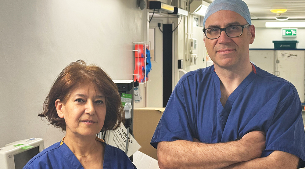 Mariam Nasseri and Alistair Myers in a corridor of the operating theatres department